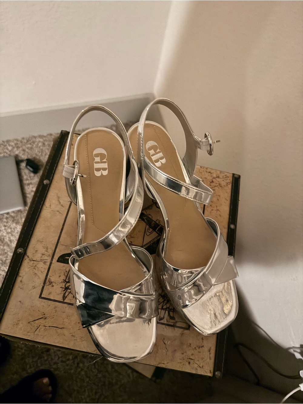 Gianni Bini Silver Metallic Strappy Slingback Heels